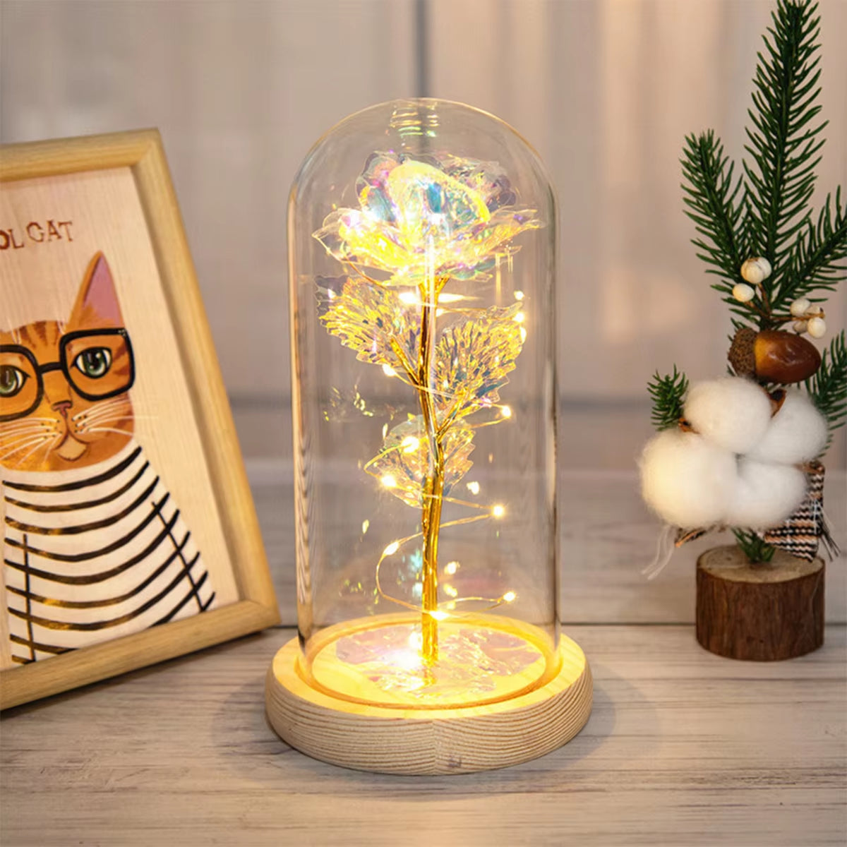 Rose Light Artificial Galaxy Rose Lamp with Butterfly and Colorful LED Rose Flowers in Glass Battery Powered Gifts for Wedding